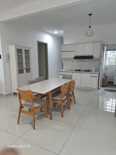 Dining features: 6-seater dining table, wooden dining chairs, white walls, tile flooring, recessed downlights, kitchen area visible, built-in kitchen cabinets, stainless-steel gas hob, exhaust hood, window with natural light; style: modern. Kitchen features: white cabinetry, stainless-steel gas hob, exhaust hood, built-in oven, kitchen sink, window for natural light; style: modern.
