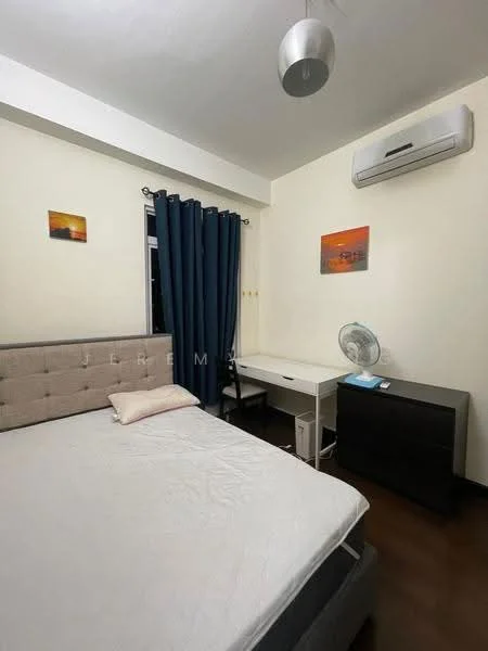 Bedroom features: queen-size bed, upholstered headboard, bedside pillow, desk with chair, ceiling fan, wall-mounted air conditioning unit, dark wood dresser, curtains in dark blue, two framed wall art pieces, wooden flooring, white painted walls; style: modern.