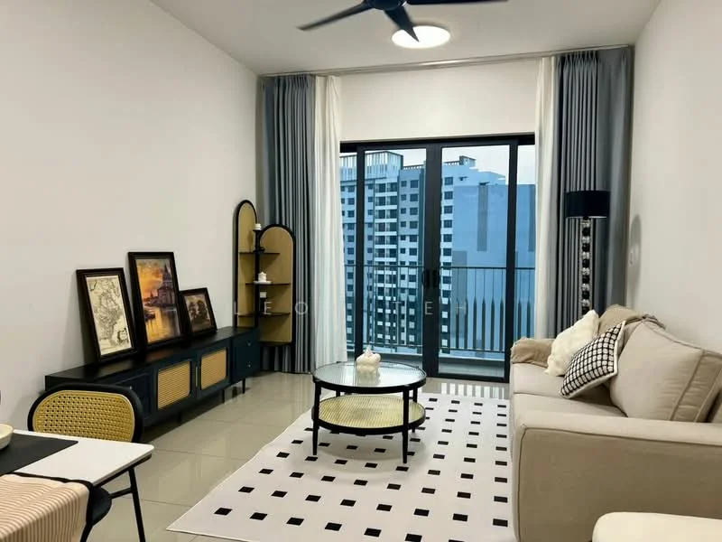 Living features: beige fabric sofa, black coffee table with circular top, area rug with geometric pattern, floor-to-ceiling windows, curtains in grey and white, wall-mounted decorative shelves, framed artwork on walls, ceiling fan with light, black side table, dining table with two chairs; style: modern; view: city.