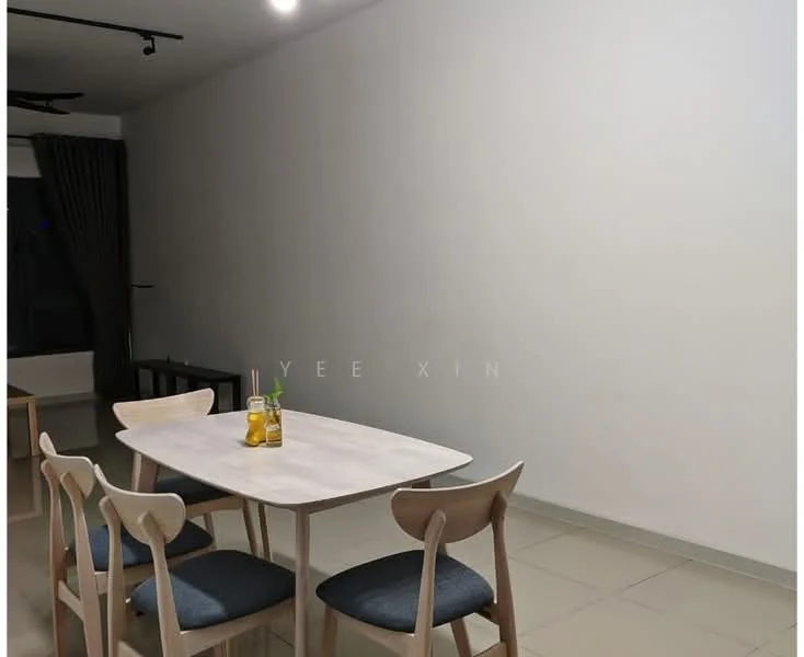 Dining features: rectangular dining table, 4 dining chairs with wooden legs, grey upholstered seat cushions, white walls, tile flooring, ceiling light fixture, curtains, decorative plants on the table; style: modern.