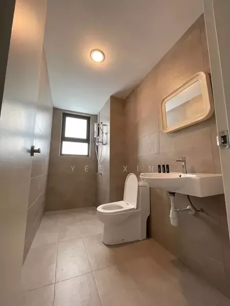 Bathroom features: grey tiled walls, light grey tiled flooring, one-piece toilet, wall-mounted sink, framed mirror, shower with glass partition, rain shower head, chrome faucet, built-in shelving, window with natural light; style: modern.