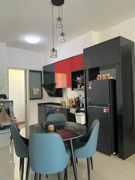 Kitchen features: black granite countertop, red and black cabinetry, stainless-steel fridge, built-in oven, 4-burner gas hob, black backsplash, pendant lighting, round dining table, 4 blue dining chairs, floor tiles, wall-mounted extractor hood, open shelving, kitchen utensils visible; style: modern.