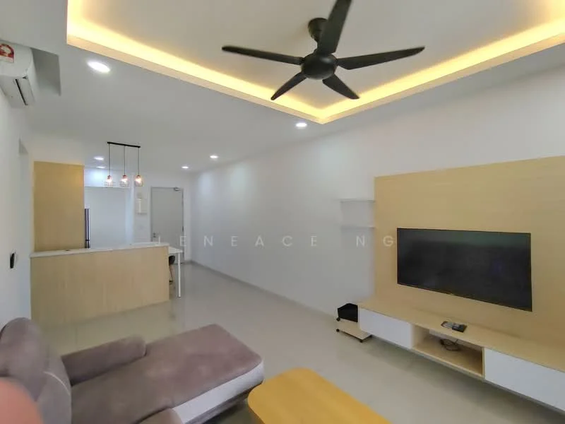 Living features: 5-blade ceiling fan with integrated LED light, recessed downlights, wall-mounted TV, TV console in white, sofa in grey fabric, coffee table, open layout to kitchen, light-colored walls, light-colored flooring, built-in shelving unit; style: modern. Kitchen features: kitchen island, pendant lighting above island, white cabinetry, countertop in light color, open layout to living area; style: modern.