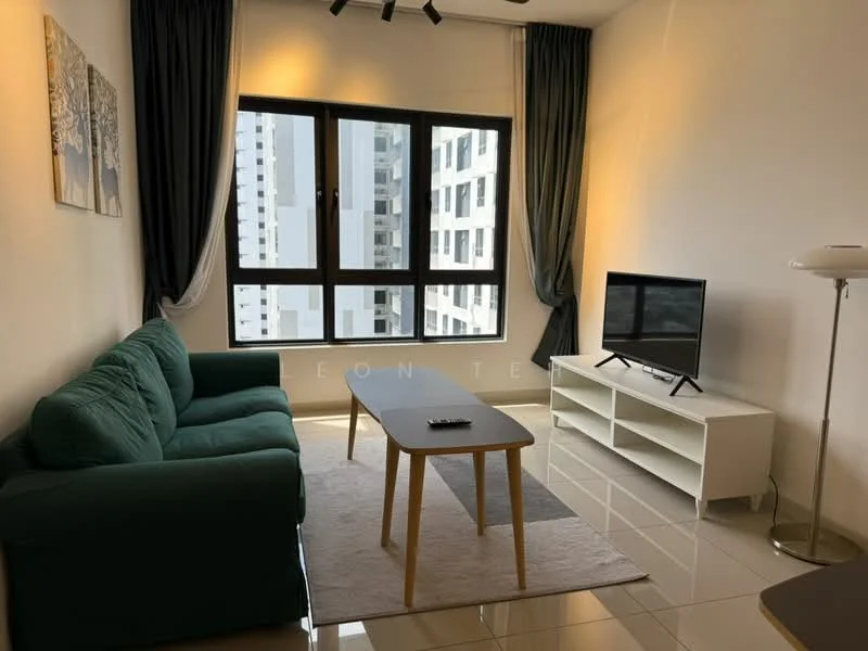 Living features: green fabric sofa, wooden coffee table, white TV console, wall-mounted TV, area rug, floor-to-ceiling windows, sheer curtains, recessed downlights, light-colored walls, glossy tile flooring; style: modern; view: city.