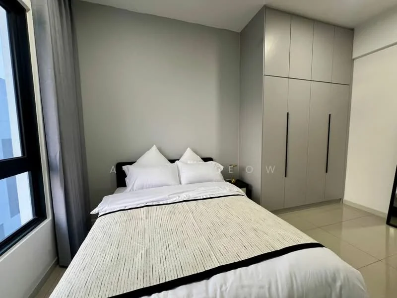 Bedroom features: queen-size bed with white bedding, two white decorative pillows, grey accent wall, built-in wardrobe with grey doors, floor-to-ceiling window, grey curtains, tile flooring, nightstand, minimalist decor; style: modern.