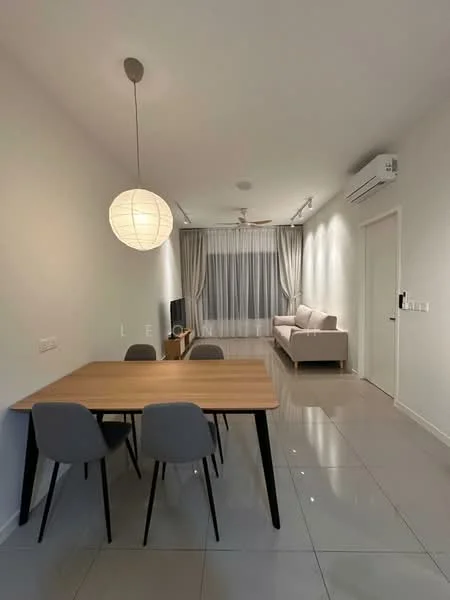 Living features: white painted walls, glossy tile flooring, 5-blade ceiling fan with light, sofa in light color, coffee table, TV console, wall-mounted TV, floor-to-ceiling windows with sheer curtains, recessed lighting, decorative pendant light; style: modern. Dining features: wood dining table, 4 grey upholstered dining chairs; style: modern.