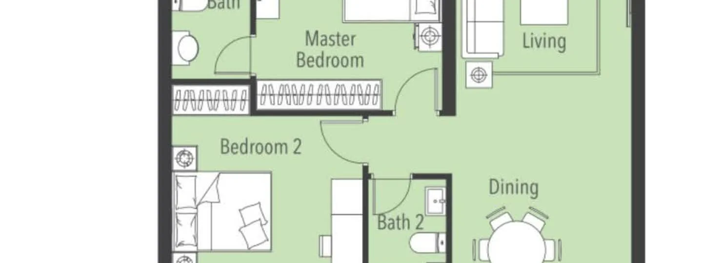 Floor plan: 2-bedroom 2-bathroom unit; features: open-plan kitchen-dining-living, master bedroom with ensuite bathroom, bedroom 2 with shared bathroom, central foyer, utility room, dining area, living area.