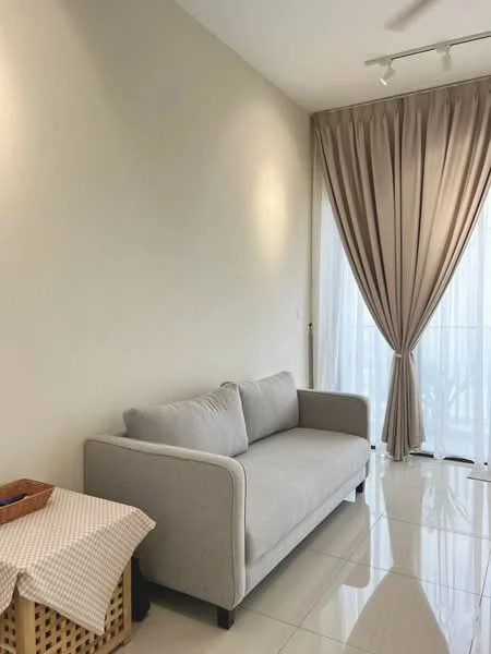 Living features: light grey fabric sofa, white walls, glossy tile flooring, floor-to-ceiling windows, sheer curtains, recessed downlights, decorative wall sconce, woven storage basket, textured throw blanket; style: modern.