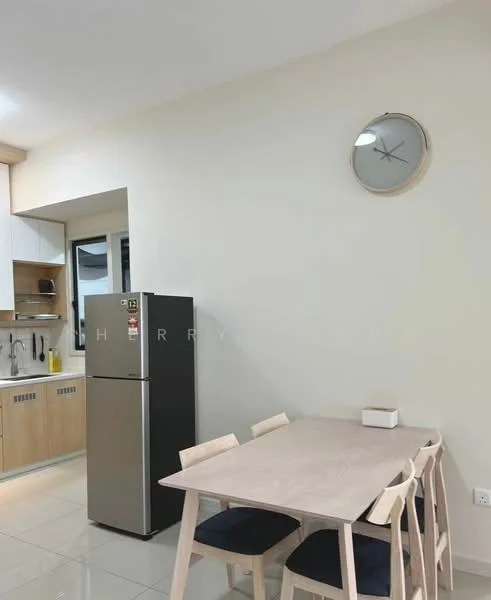 Dining features: light wood dining table, 4 wooden dining chairs with navy blue cushions, wall clock, cream painted walls, glossy tile flooring, stainless-steel fridge, open kitchen layout, kitchen cabinetry visible in background; style: modern.