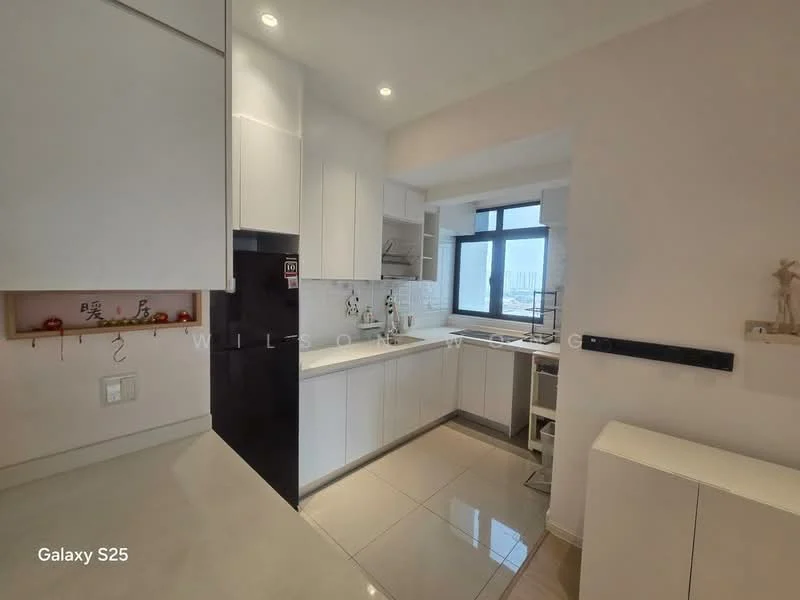 Kitchen features: white cabinetry, marble countertop, stainless-steel sink, chrome pull-down faucet, built-in oven, freestanding range oven, ceramic tile flooring, recessed downlights, window with city view, open shelving, microwave, dishwasher, wall-mounted cabinets, counter space, neutral wall colour; style: modern; view: city.
