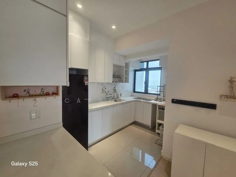 Kitchen features: white cabinetry, marble countertop, stainless-steel sink, chrome pull-down faucet, built-in oven, freestanding range oven, ceramic tile flooring, white tiled backsplash, window with city view, recessed downlights, open shelving, built-in pantry, sliding door to utility area; style: modern; view: city.