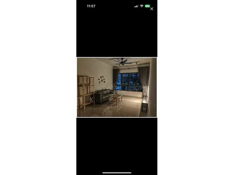 Living features: cream painted walls, polished tile flooring, 5-blade ceiling fan with light, floor-to-ceiling windows, sheer curtains, glass coffee table, wooden shelving unit, decorative wall art, area rug, city view; style: modern; view: city.