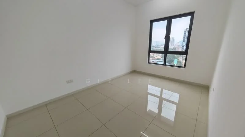 Room features: white painted walls, glossy ceramic tile flooring, floor-to-ceiling window, city view, no visible furniture, neutral color scheme, single window, bright natural light; style: modern; view: city.