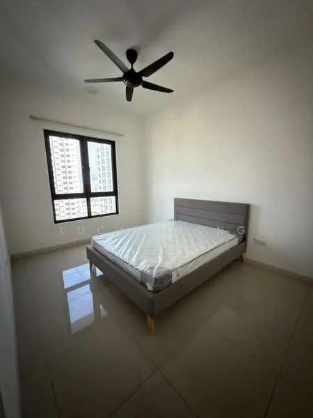 Bedroom features: queen-size bed, grey upholstered headboard, ceiling fan with 5 blades, floor-to-ceiling window, white painted walls, glossy tile flooring, natural light, no visible decor; style: modern; view: city.
