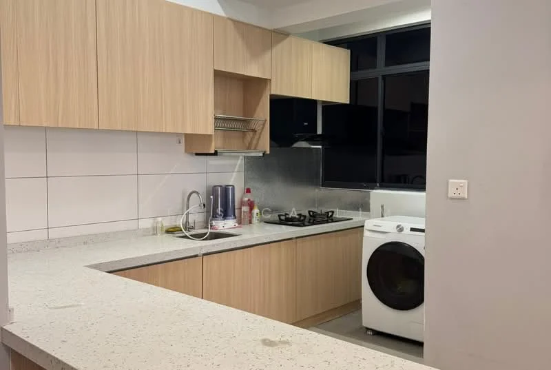 Kitchen features: light wood cabinetry, white quartz countertop, stainless-steel sink, chrome pull-down faucet, built-in gas hob, exhaust hood, white front-load washing machine, grey tiled backsplash, open shelving, under-cabinet lighting, floor-to-ceiling windows, grey vinyl flooring; style: modern.