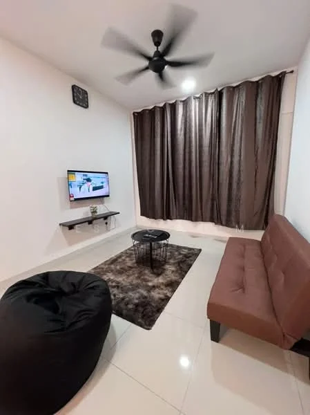 Living features: 5-blade ceiling fan in black, wall-mounted TV, floating TV console, brown fabric sofa bed, black wire coffee table, bean bag chair, area rug with abstract pattern, white painted walls, cream tiled flooring, floor-to-ceiling brown curtains; style: modern.