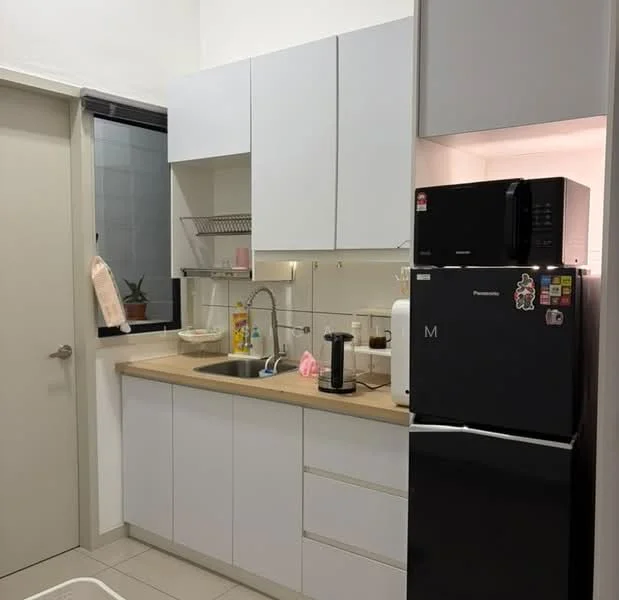 Kitchen features: white cabinetry, light wood countertop, stainless-steel sink, chrome pull-down faucet, black refrigerator, microwave, glass shelf, wall-mounted cabinet, tile backsplash, window with sheer curtains, ceramic tile flooring; style: modern.