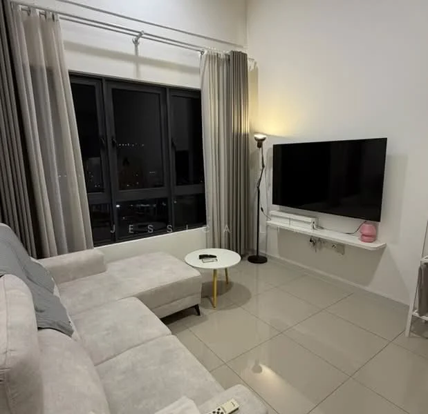 Living features: L-shape sectional sofa in light grey, floor-to-ceiling windows, sheer curtains, wall-mounted TV, white floating TV console, decorative floor lamp, glossy tile flooring, neutral painted walls; style: modern; view: city.