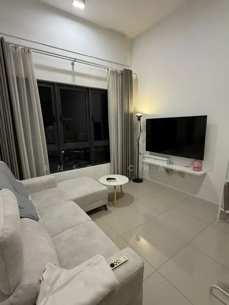 Living features: light grey fabric sofa, white round coffee table, wall-mounted flat-screen TV, floor lamp, large windows with sheer curtains, glossy beige tile flooring, white wall, decorative wall shelf; style: modern; view: city.