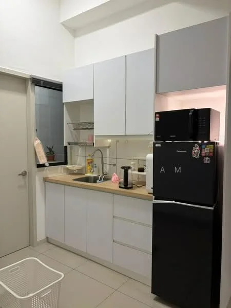 Kitchen features: white cabinetry, light wood countertop, single-bowl stainless-steel sink, chrome pull-down faucet, built-in refrigerator, black refrigerator, microwave, open shelving, tile backsplash, ceramic tile flooring, window with view, kitchen utensils visible; style: modern.