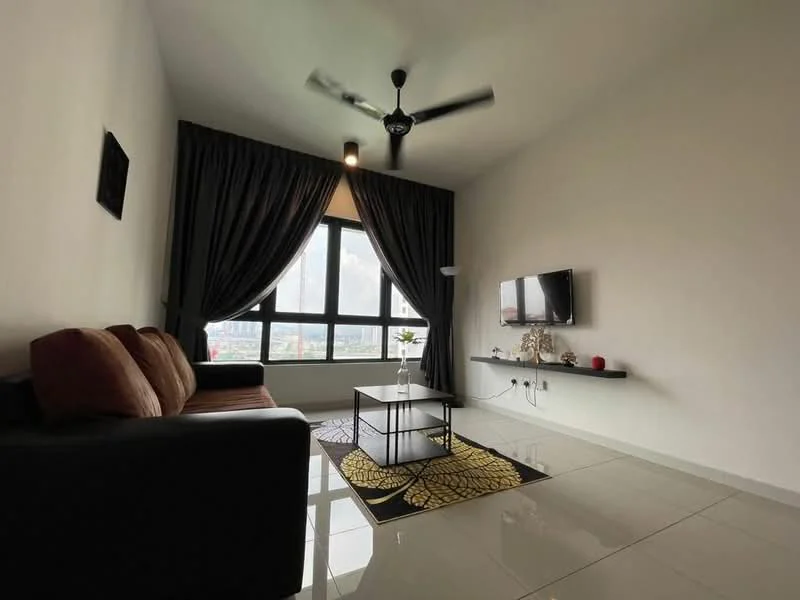 Living features: 3-seater fabric sofa in brown, 2-seater fabric sofa in black, coffee table, wall-mounted TV, black floating shelf, floor-to-ceiling windows, sheer curtains, dark grey curtains, recessed downlights, ceiling fan, glossy tile flooring, decorative wall art, area rug with geometric pattern, decorative plant; style: modern; view: city.