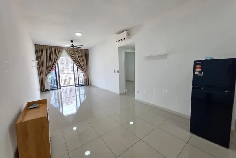 Living features: white painted walls, glossy ceramic tile flooring, 5-blade ceiling fan with light, floor-to-ceiling windows, sliding glass door, curtains, refrigerator, air conditioning unit, wooden console table; style: modern; view: city.