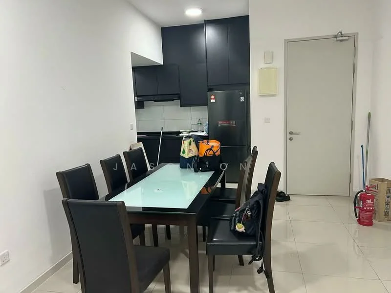 Dining features: 6-seater dining table with glass top, black upholstered dining chairs, white tiled flooring, white painted walls, kitchen area visible in background, built-in kitchen cabinetry in black, stainless-steel sink, single-bowl stainless-steel sink, refrigerator visible, fire extinguisher on floor, cleaning supplies visible, door leading to hallway; style: modern.