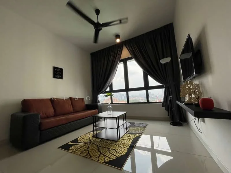 Living features: 3-seater fabric sofa in brown, floor-to-ceiling windows, blackout curtains, wall-mounted TV, TV console, area rug with floral pattern, ceiling fan, decorative wall art, white painted walls, glossy tile flooring, decorative accessories; style: modern; view: city.