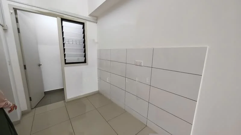 Room features: white painted walls, grey tiled flooring, window with louvered shutters, light switch, electrical outlets, plain ceiling, corner wall with tile cladding; style: modern.