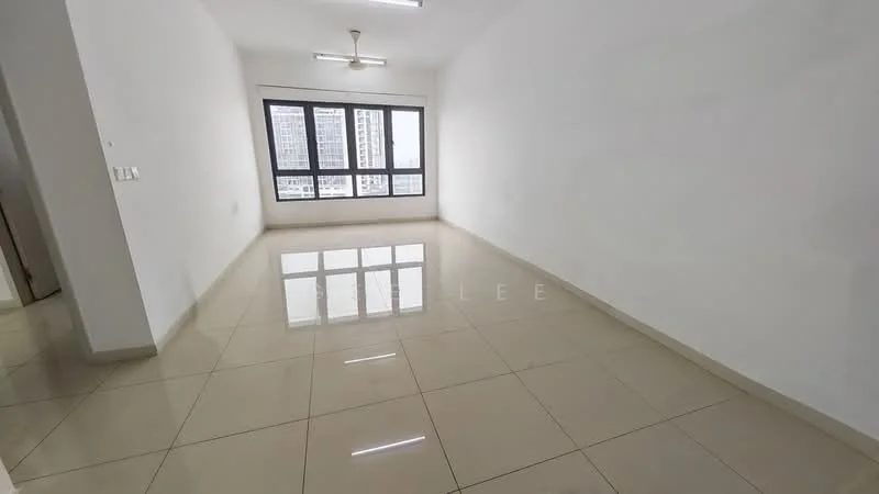 Living features: white painted walls, glossy ceramic tile flooring, 5-blade ceiling fan, floor-to-ceiling windows, natural light, neutral color scheme, open layout, no visible furniture; style: modern; view: city.