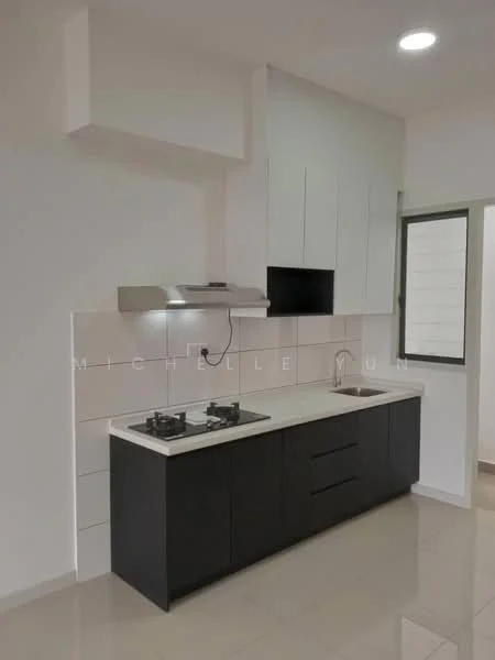 Kitchen features: white painted walls, glossy ceramic tile flooring, flat-panel cabinetry in black, white countertop, built-in gas hob with two burners, stainless-steel range hood, single-bowl stainless-steel sink, wall-mounted cabinet above countertop, window with sliding glass, recessed LED downlights; style: modern.