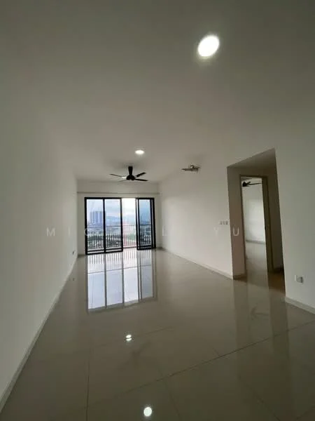 Living features: white painted walls, glossy ceramic tile flooring, 5-blade ceiling fan with light, floor-to-ceiling windows, sliding glass door, natural light from windows, open layout, city view; style: modern; view: city.
