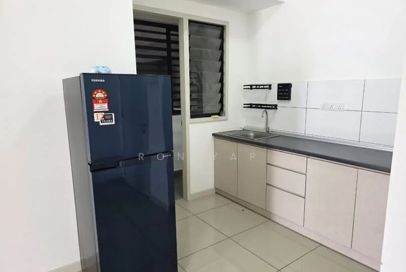 Kitchen features: stainless-steel fridge, single-bowl stainless-steel sink, chrome pull-down faucet, grey laminate countertop, light beige cabinetry, tile backsplash, white tiled walls, grey floor tiles, window with black blinds; style: modern.
