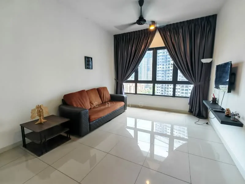 Living features: 3-seater brown leather sofa, black coffee table, floor-to-ceiling windows, grey curtains, wall-mounted TV, light fixture, glossy tile flooring, white painted walls, ceiling fan with light; style: modern; view: city.