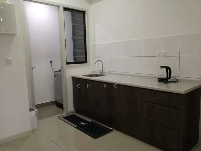 Kitchen features: single-bowl stainless-steel sink, chrome pull-down faucet, granite countertop, white tiled backsplash, dark wood cabinetry, built-in washing machine, white walls, tile flooring, window with black frame, kettle, trash bin; style: modern.