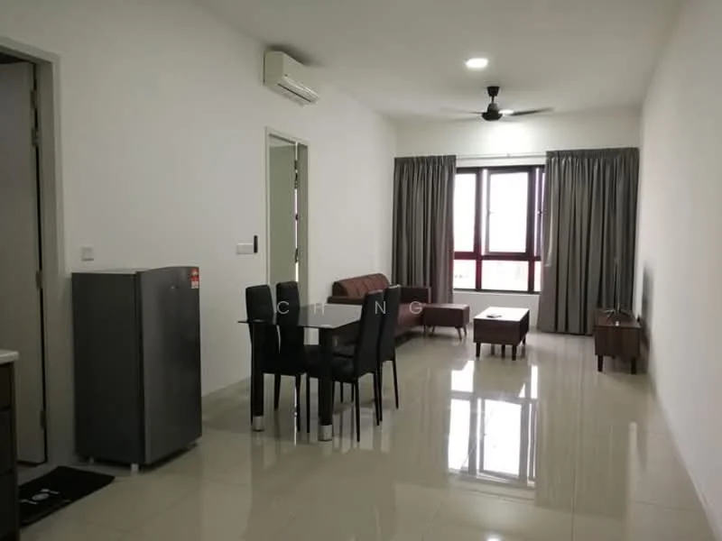 Living features: white painted walls, glossy tile flooring, 5-blade ceiling fan, floor-to-ceiling windows, grey curtains, 2-seater fabric sofa in brown, coffee table, TV console, wall-mounted TV, 1 wall-mounted split AC; style: modern. Dining features: 4-seater dining table, black dining chairs, refrigerator, open layout; style: modern.