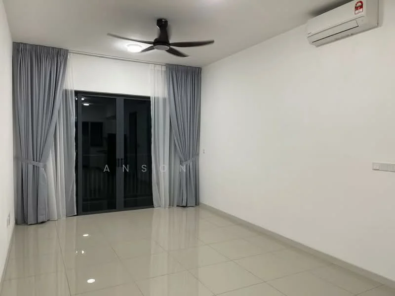 Living features: white painted walls, glossy ceramic tile flooring, 5-blade ceiling fan with light, floor-to-ceiling sliding glass door, sheer curtains, air conditioning unit, neutral color scheme; style: modern.