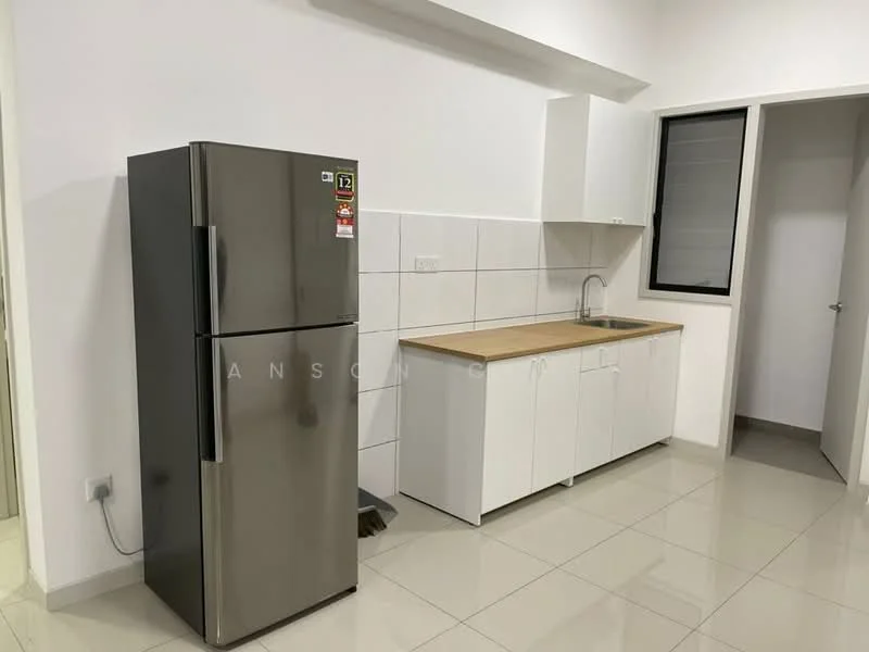 Kitchen features: stainless-steel fridge, single-bowl stainless-steel sink, chrome pull-down faucet, white cabinetry, wood countertop, ceramic tile flooring, white tiled backsplash, window with black frame; style: modern.