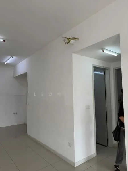 Room features: white painted walls, glossy ceramic tile flooring, recessed ceiling lights, doorway leading to adjacent rooms, wall-mounted light fixture; style: modern.