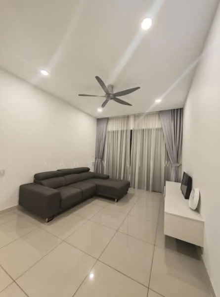 Living features: L-shape sectional sofa in dark grey, 5-blade ceiling fan with light, white painted walls, glossy beige tile flooring, floor-to-ceiling sliding glass doors, sheer curtains, TV console in white, wall-mounted TV, recessed LED downlights; style: modern.