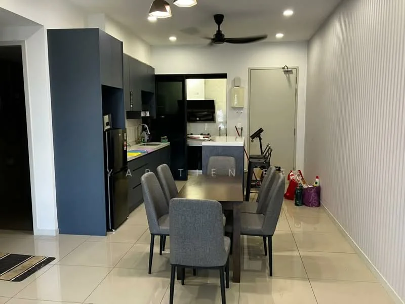 Dining features: 6-seater dining table, grey upholstered dining chairs, pendant lighting, wall-mounted ceiling fan, white painted walls, tile flooring, open-plan layout, kitchen area visible in background, black cabinetry, stainless-steel fridge, built-in oven, microwave, sink, countertop, kitchen island; style: modern.
