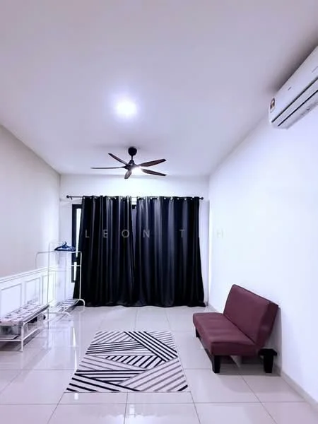 Living features: white painted walls, polished tile flooring, 5-blade ceiling fan, recessed downlights, blackout curtains, sofa in maroon, area rug with geometric pattern, wall-mounted air conditioning unit; style: modern.