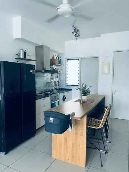 Kitchen features: black refrigerator, stainless-steel gas stove, stainless-steel range hood, white cabinetry, wooden countertop, bar stools, white tiled backsplash, ceramic tile flooring, ceiling fan, window with horizontal slats, decorative plant, kitchen sink; style: modern.