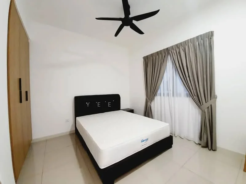 Bedroom features: queen-size bed with black upholstered frame, mattress on bed, wooden wardrobe with sliding doors, floor-to-ceiling window with sheer curtains, grey curtains, ceiling fan with 3 blades, cream painted walls, tile flooring; style: modern.