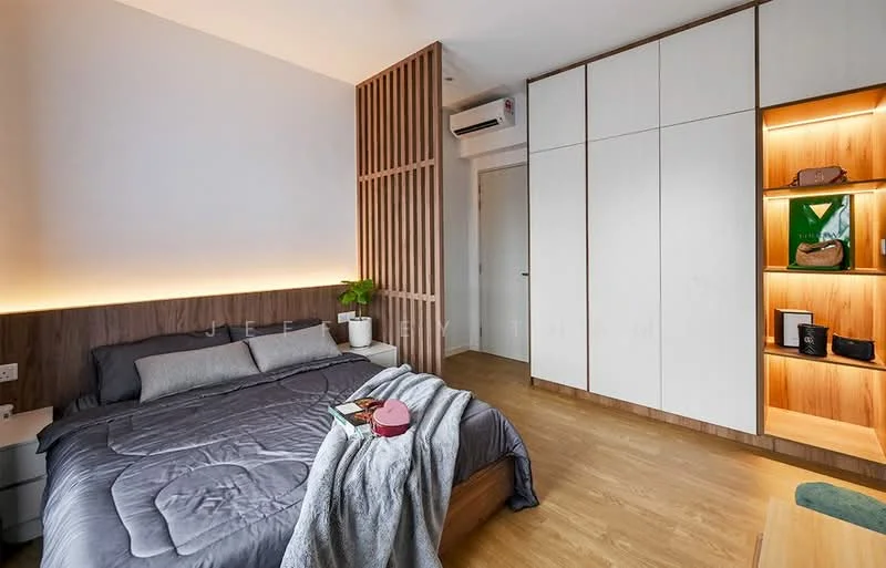 Bedroom features: queen-size bed with grey bedding, wooden bed frame, built-in wardrobe with sliding doors, wood panel accent wall, recessed lighting behind headboard, nightstand with lamp, decorative plant in pot, air conditioning unit, wooden flooring, shelf with decorative items; style: modern.