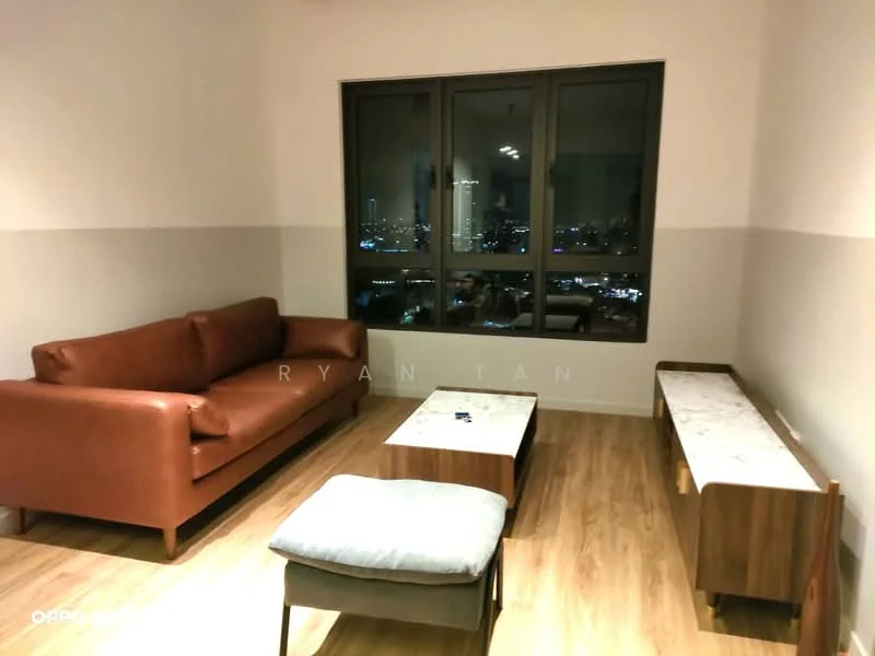 Living features: brown leather sofa, two coffee tables with marble tops, wooden side tables, laminate flooring, large windows with city view, neutral wall color with two-tone paint, recessed lighting; style: modern; view: city.