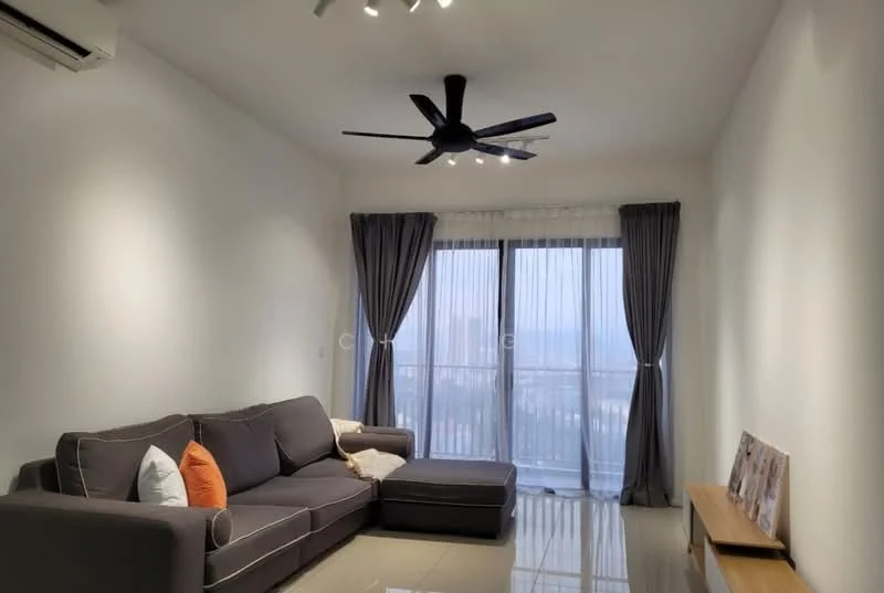 Living features: 3-seater fabric sofa in grey, orange accent pillow, ceiling fan with integrated LED light, floor-to-ceiling windows, sheer curtains, polished tile flooring, wooden console table, decorative wall art, neutral painted walls; style: modern; view: city.
