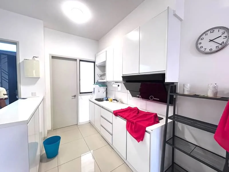 Kitchen features: white cabinetry, flat-panel cabinets, single-bowl stainless-steel sink, chrome pull-down faucet, white countertop, ceramic tile flooring, recessed downlights, built-in oven, microwave, open shelving, wall clock, blue trash bin, red cloth on countertop, black range hood; style: modern.