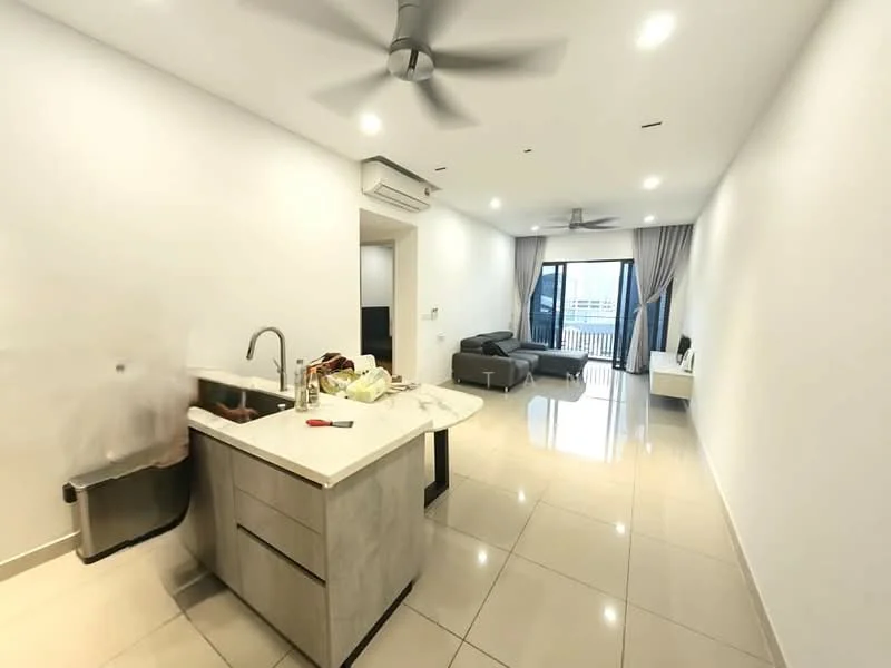 Kitchen features: single-bowl stainless-steel sink, chrome pull-down faucet, grey cabinetry, white quartz countertop, kitchen island, built-in appliances; style: modern. Living features: 3-seater fabric sofa in grey, coffee table, wall-mounted TV, floor-to-ceiling windows, curtains, 2 ceiling fans, tile flooring, white painted walls; style: modern; view: city.