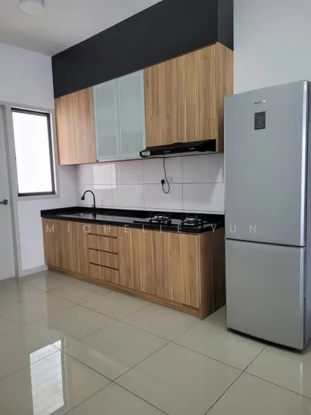 Kitchen features: wood cabinetry, black countertop, stainless-steel fridge, single-bowl stainless-steel sink, chrome pull-down faucet, white tiled backsplash, ceramic tile flooring, window with glass pane, built-in stove, exhaust hood; style: modern.